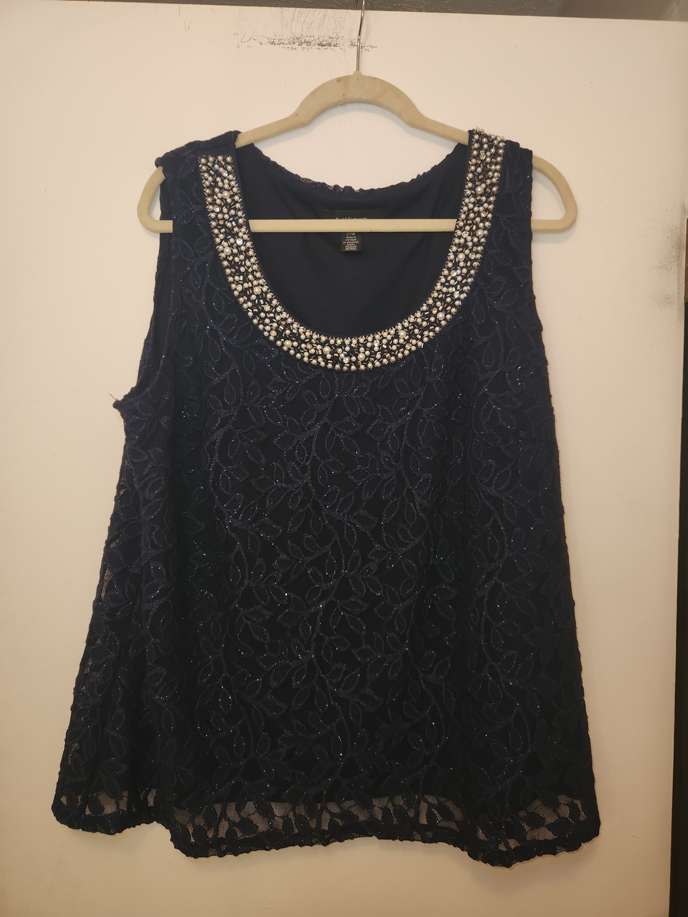 R&M Richards Navy Beaded Scoop Neck Lace Camisole 20W